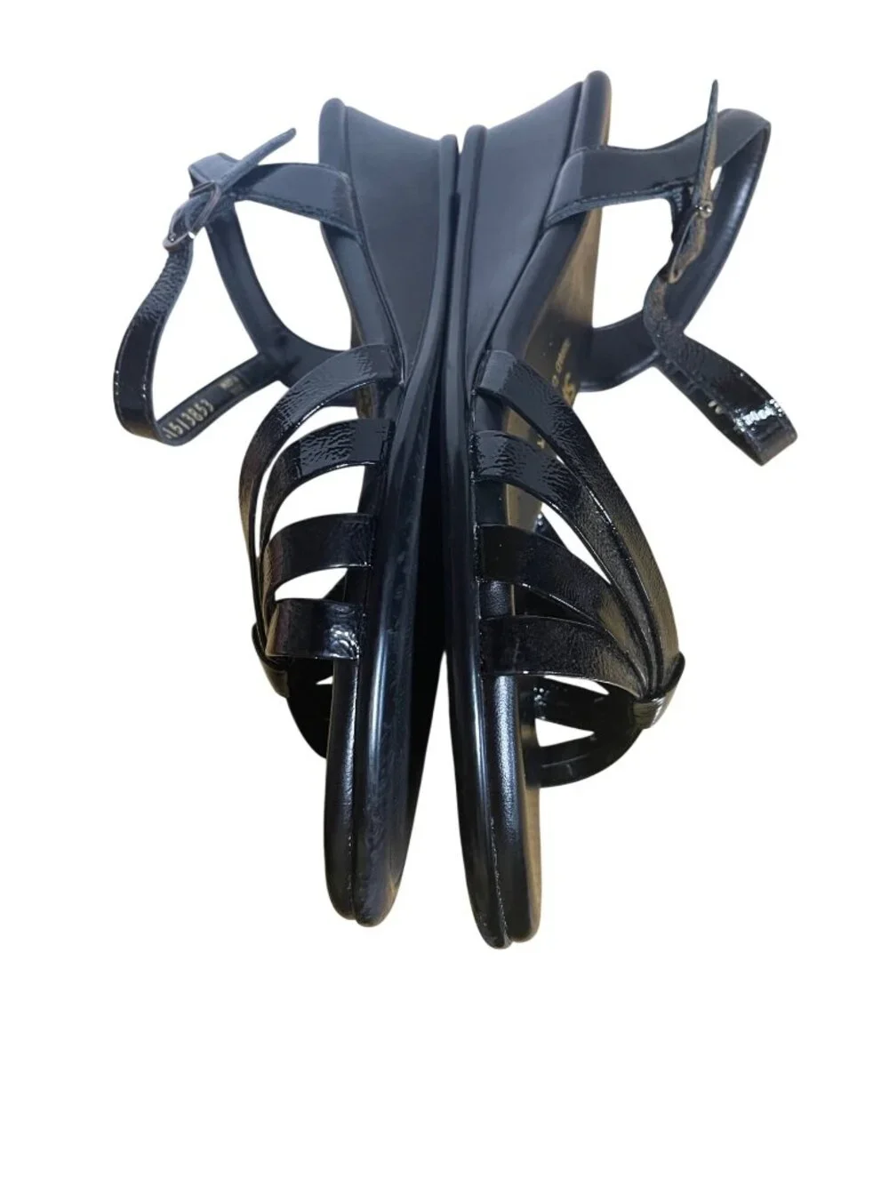 SAS Strippy Black Patent Leather Wedge Sandals Womens Size 10 Tripad Comfort USA
